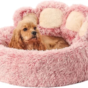 Pink Calming Donut Dog & Cat Bed – Plush Faux Fur, Washable