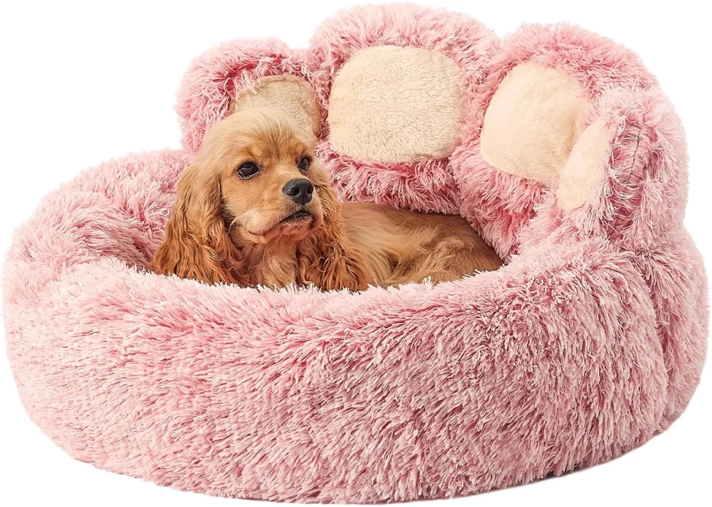 Pink Calming Donut Dog & Cat Bed – Plush Faux Fur, Washable