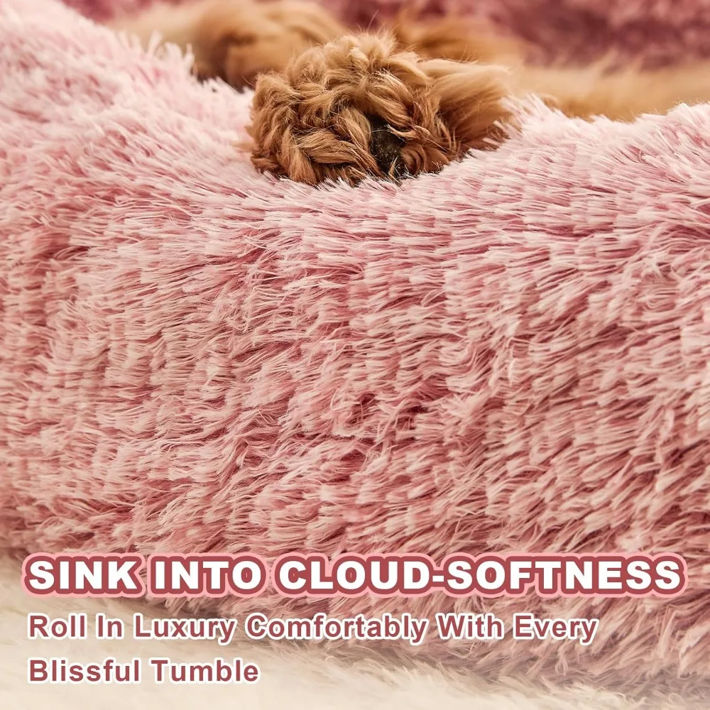 Pink Calming Donut Dog & Cat Bed – Plush Faux Fur, Washable - Image 3